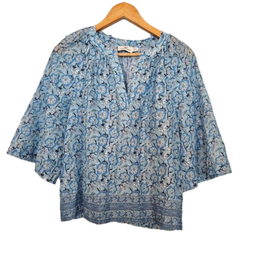 VINEYARD Vines Frangipani Floral Beachy Popover Blue and White Top, Size XS